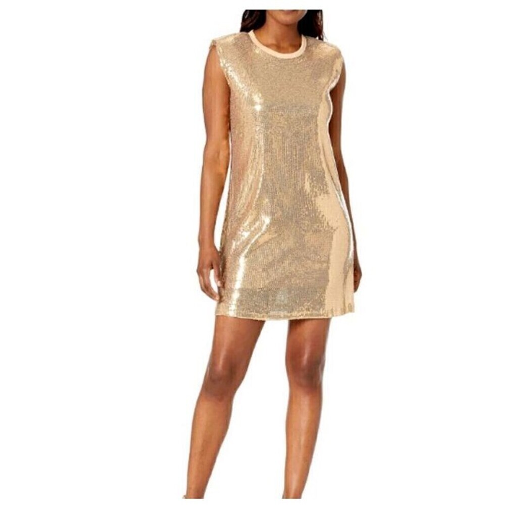 Calvin Klein Womens Sheath Dress Gold Sequined SZ 16 Sleeveless Lined Round Neck